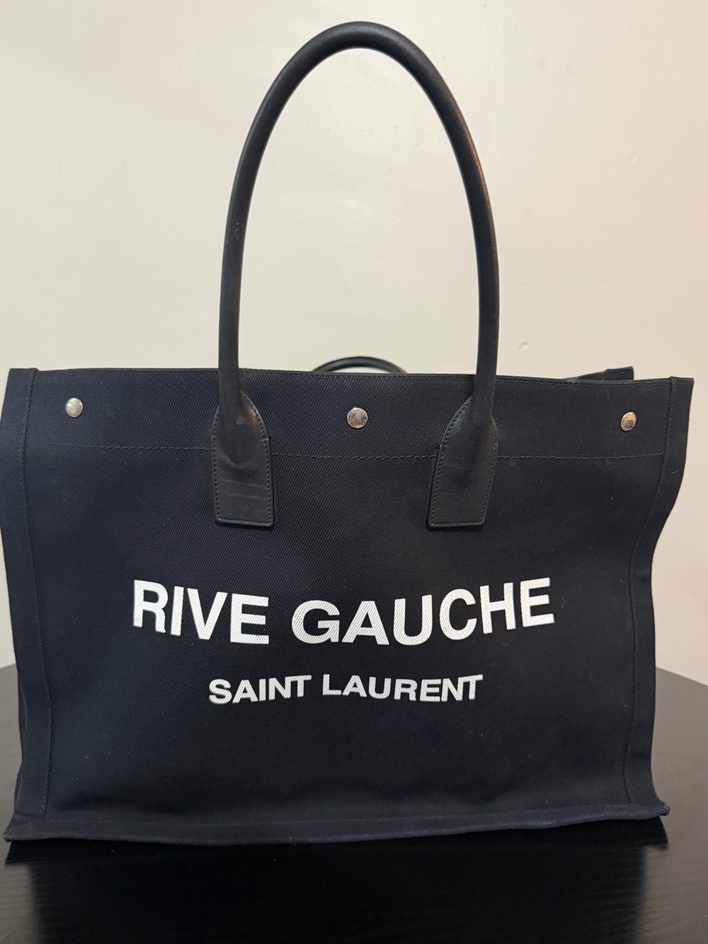 Saint Laurent Black Canvas Rive Gauche Tote with White Logo